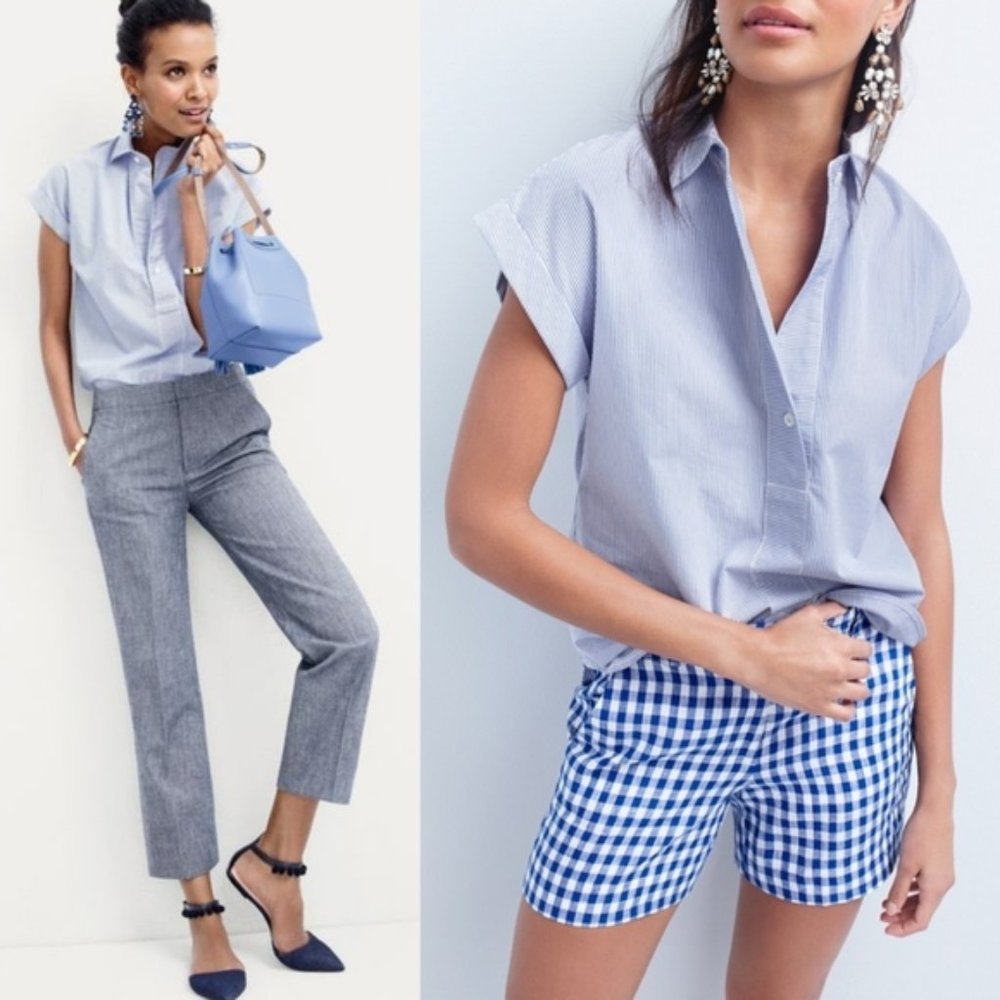 J Crew Short-Sleeve Popover Shirt in Blue Stripe